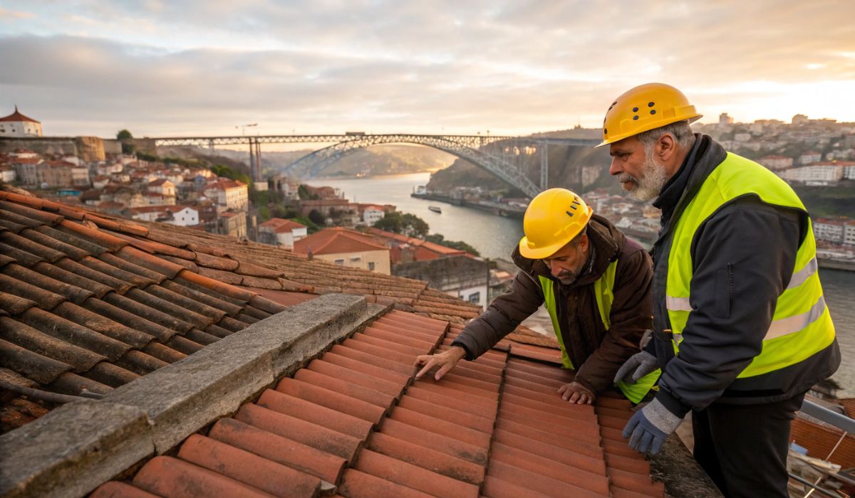 Profissionais qualificados realizando inspeção técnica em reparação de telhados tradicionais no centro histórico do Porto