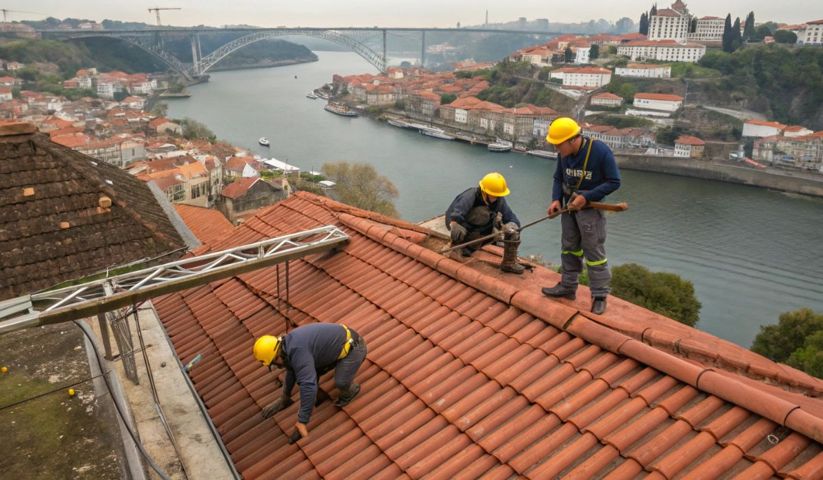Técnico especializado realizando reparação de telhados com equipamento de segurança completo